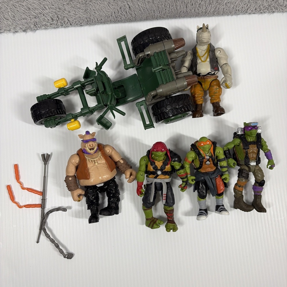 TMNT Action Figure Lot Raphael Donatello Michelangelo Bepop Rocksteady + Car